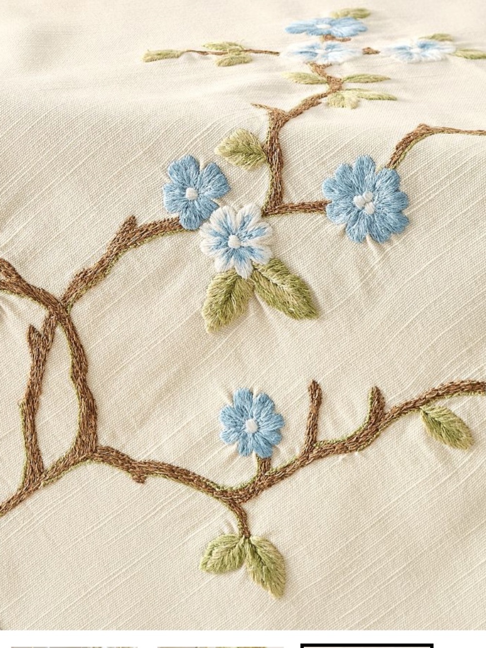 Embroidered Floral Table Runner in Cream with Blue Flowers. New.